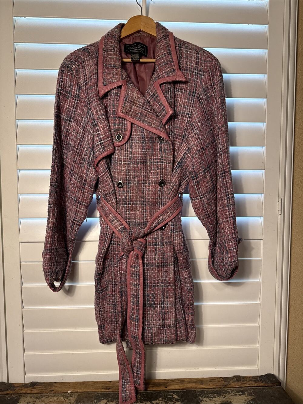 Vintage Terry Lewis Classic Luxuries Pink Plaid Tweed Trench Coat - Leather Trim